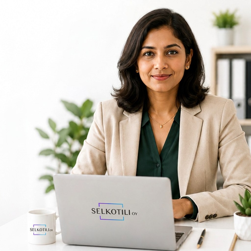 SelkoTili accountant at her desk with laptop and coffee — friendly, confident, trustworthy