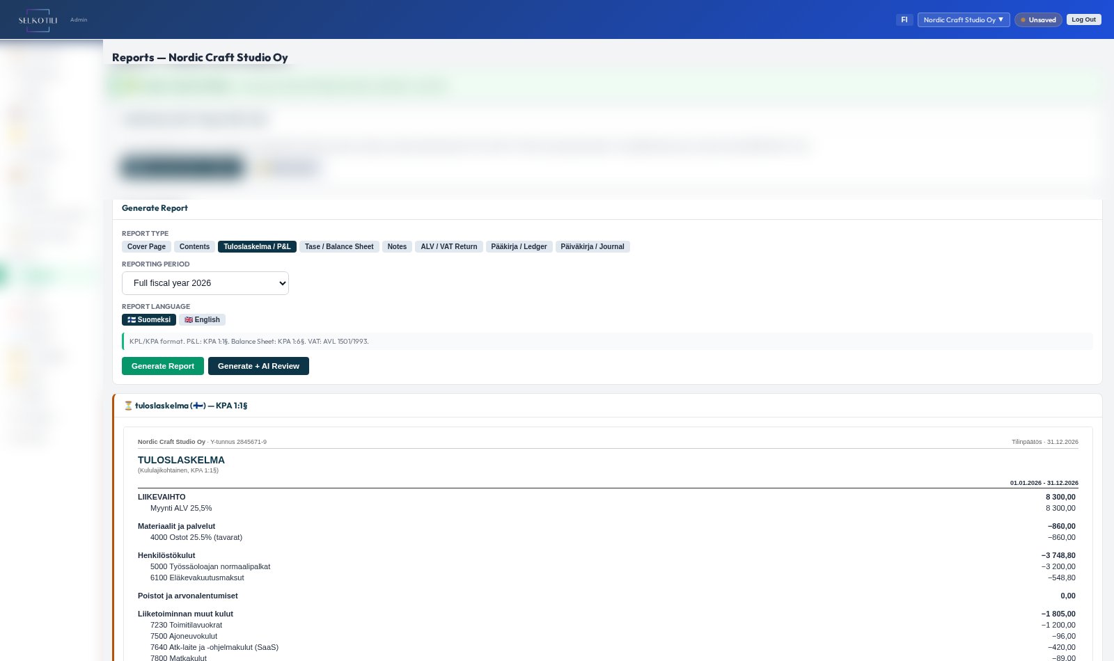 SelkoTili platform — financial report view (demo data)